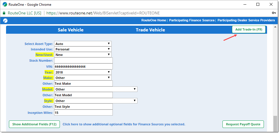 The Sale Vehicle section, with an arrow pointing to the ‘Add Trade-In (F9)’ button. 