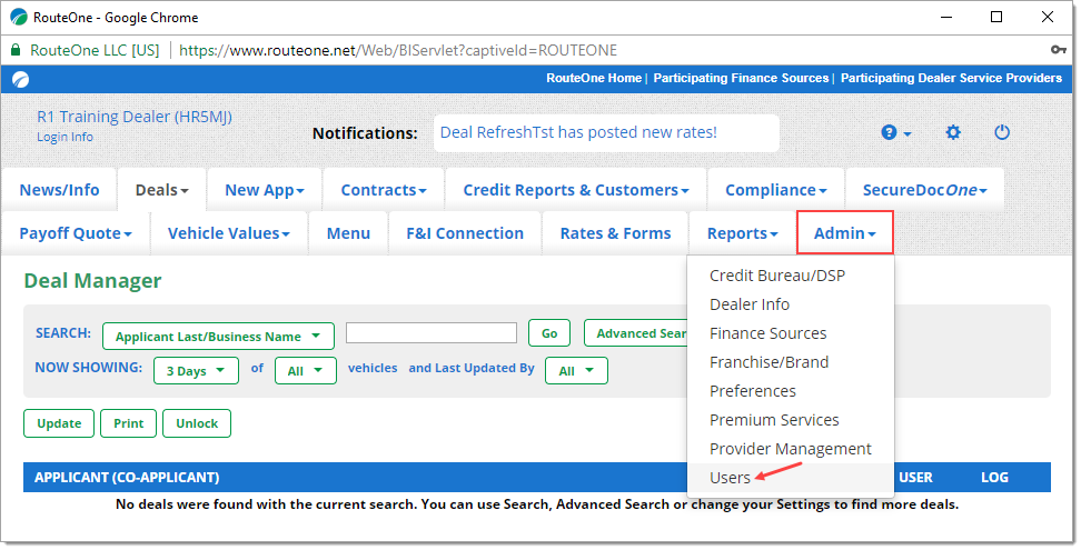 Box around ‘Admin’ top navigation tab and arrow pointing to ‘Users’ from dropdown menu. 