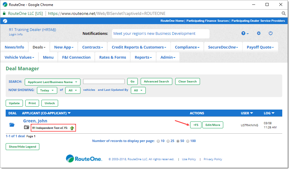 Box around finance source you have submitted the Credit Application to. Arrow pointing to ‘+FS’ button. 