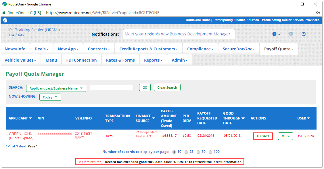 The Payoff Quote Manager page with an expired quote.  The information of the quote is in red text to indicate it is expired.  There is a box highlighting the ‘Update’ button under the ‘Actions’ column, and a box highlighting the ‘Quote Expired’ message.