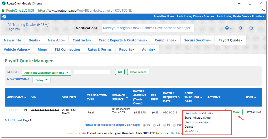 The Payoff Quote Manager page with an arrow pointing to the ‘More’ button under the ‘Actions’ column, whose menu is expanded and highlighted by a box.