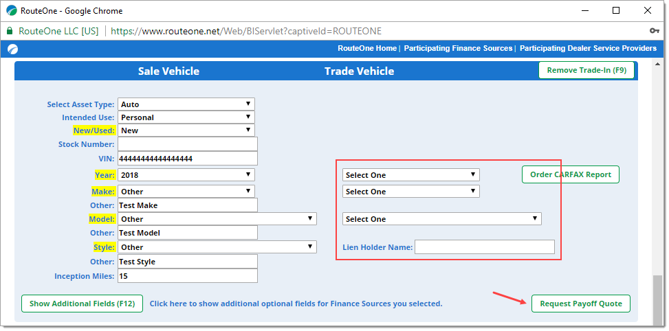 The Sale Vehicle section with the Trade Vehicle fields available and highlighted by a box, and an arrow pointing to the ‘Request Payoff Quote’ button.