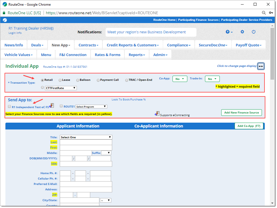 Box around transaction types and arrow pointing to selecting transaction type. Box around finance source options, and arrow pointing to selecting finance source. 