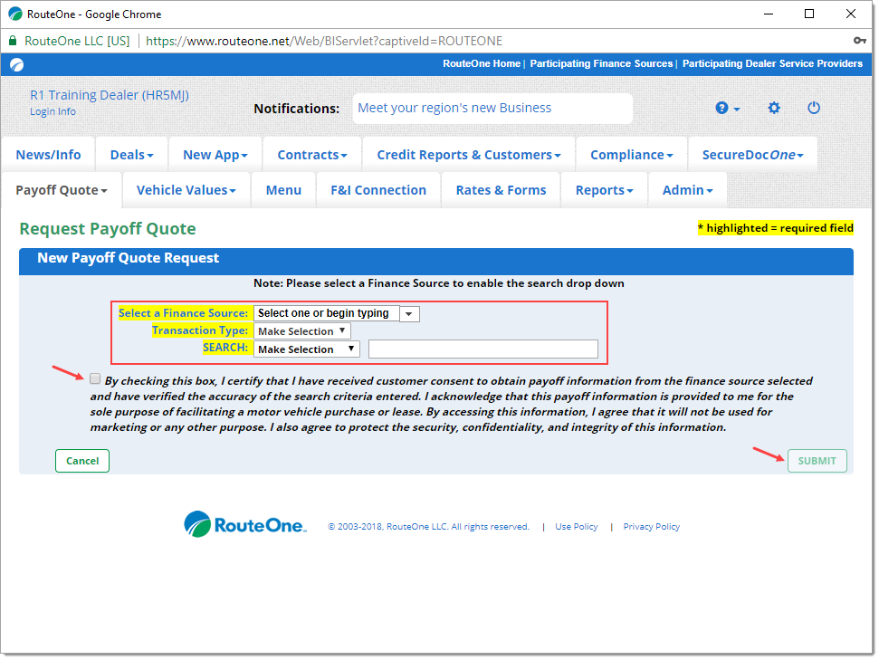 The Request Payoff Quote page with a box highlighting the required fields and arrows pointing to both the confirmation checkbox and the ‘Submit’ button.