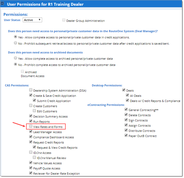 Box around ‘View Rates and Forms’ and arrow pointing to checkbox to select permission. 