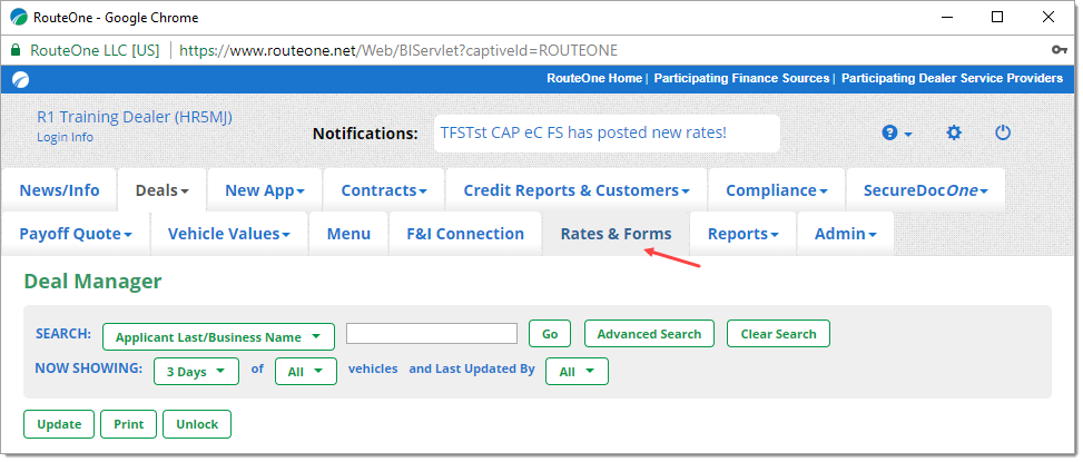 Arrow pointing to ‘Rates & Forms’ top navigation tab. 