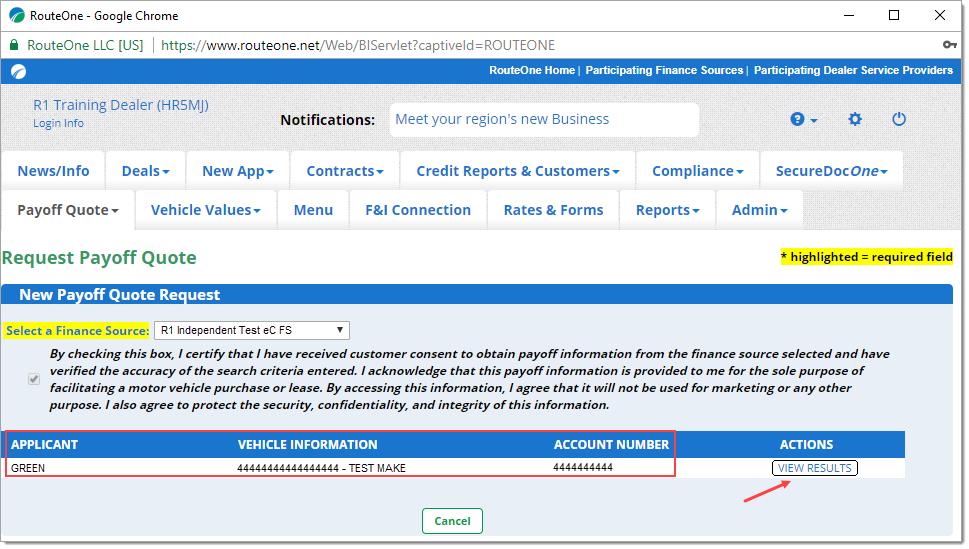 The Request Payoff Quote page after submission, with a box highlighting the deal information, and an arrow pointing to the ‘View Results’ button in the Actions column.