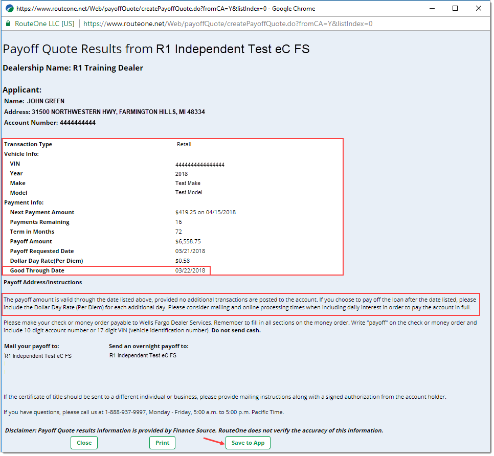 The Payoff Quote Results page with a box highlighting the results details, a box highlighting the ‘Good Through Date’ row, a box highlighting the ‘Payoff Address’, and an arrow pointing to the ‘Save to App’ button.