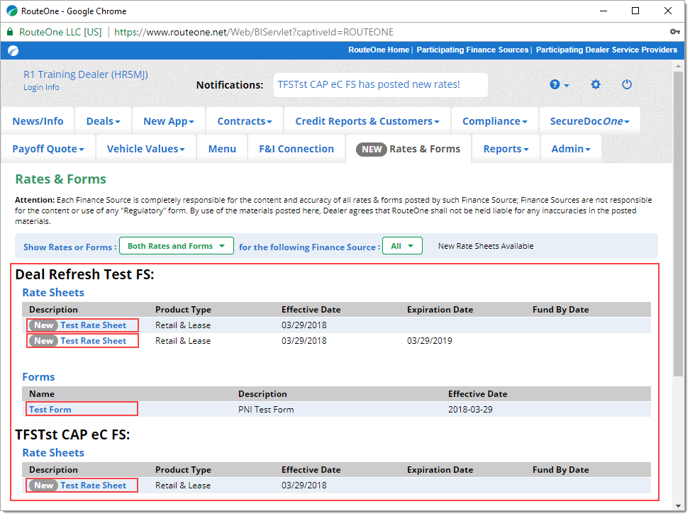 Box around Deal Refresh section, and boxes around the available rates and forms from each finance source. 