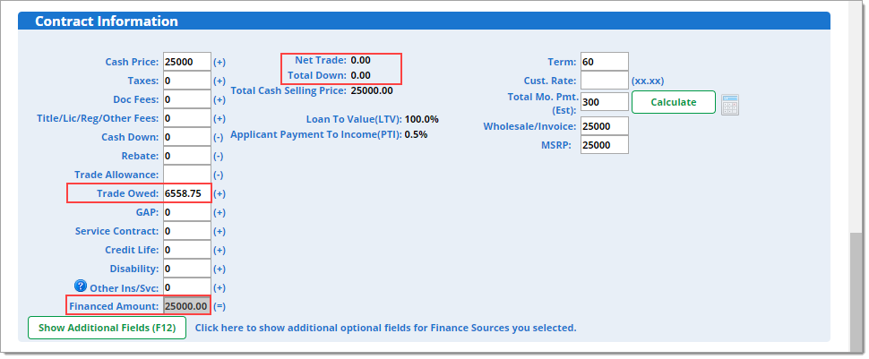 The Contract Information section, with boxes highlighting the ‘Trade Owed’ field, the ‘Financed Amount’ field, and the ‘Net Trade’ and ‘Total Down’ fields.