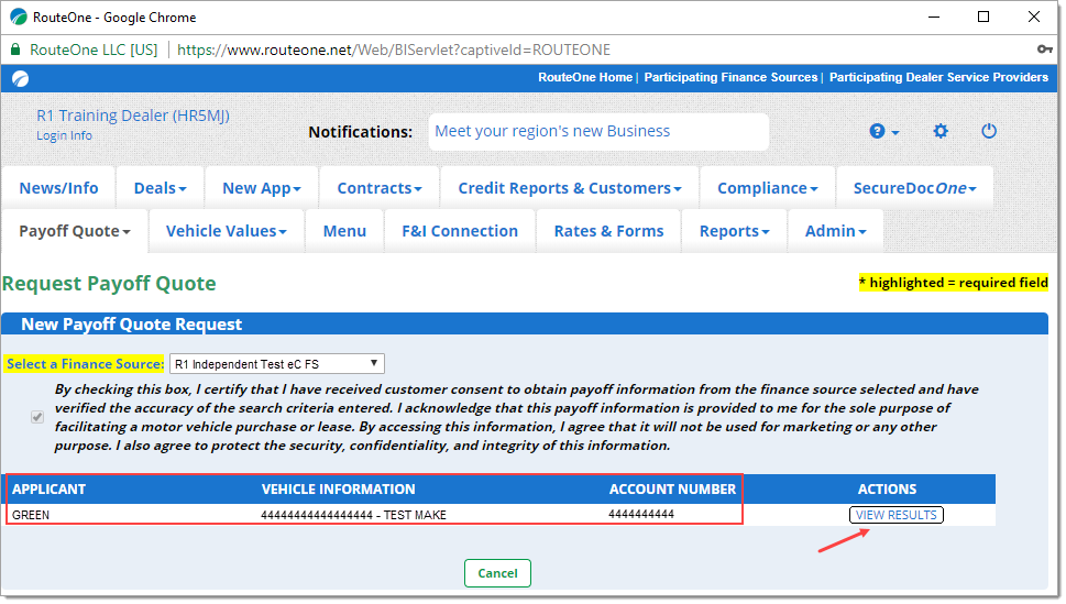 The Request Payoff Quote page with a box highlighting the required fields and arrows pointing to both the confirmation checkbox and the ‘Submit’ button.