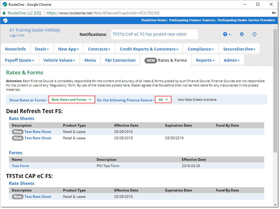 Boxes around options to filter showing both rates and forms, just rates, or just forms. Box around option to filter for a specific finance source. 