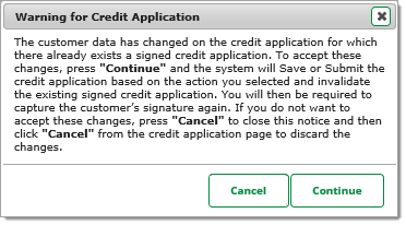 Warning message for credit application, indicating dealer will need to recapture applicant signatures. 