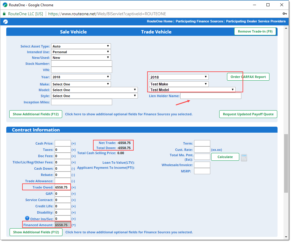 The Sale Vehicle and Contract Information sections, with a box highlighting the ‘Trade Vehicle’ fields, an arrow pointing to the ‘Lien Holder Name’ field, and boxes highlighting the ‘Trade Owed’ field, the ‘Financed Amount’ field, and the ‘Net Trade’ and ‘Total Down’ fields. 