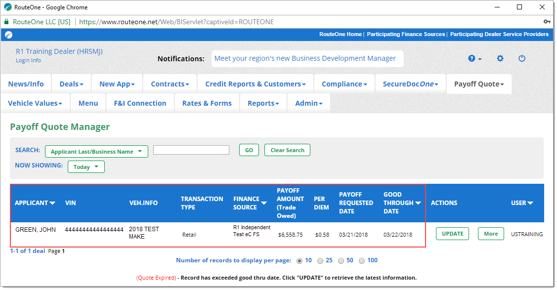 The Payoff Quote Manager page, with a box highlighting the example quote information.