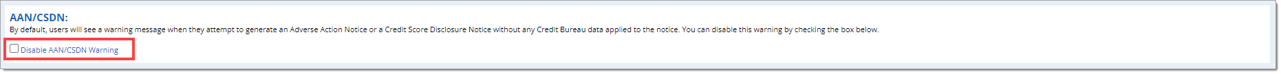 The AAN/CSDN section with a box highlighting the ‘Disable AAN/CSDN Warning’ checkbox.