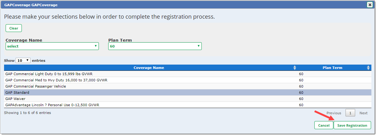 Arrow pointing to ‘Save Registration’ button. 