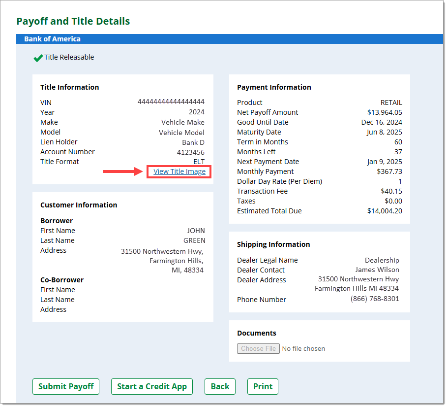 The Payoff and Title Details page with the ‘View Title Image’ link in the ‘Title Information’ section highlighted by a box with an arrow pointing to it.