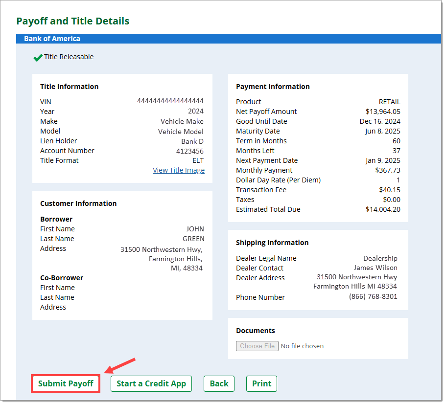 The Payoff and Title Details page with the ‘Submit Payoff’ button highlighted by a box with an arrow pointing to it.