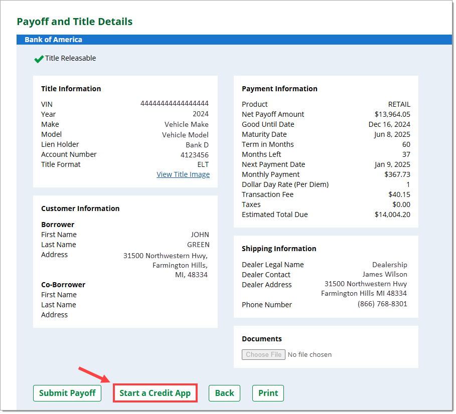 The Payoff and Title Details page with the ‘Start a Credit App’ button highlighted by a box with an arrow pointing to it.