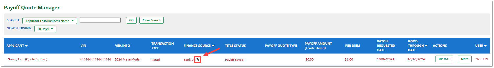 The Payoff Quote Manager with the speedometer icon next to the quote finance source highlighted by a box with an arrow pointing to it.