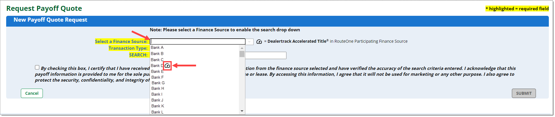 The Request Payoff quote with an arrow pointing to the expanded ‘Select a Finance Source’ drop-down menu and a speedometer icon next to ‘Bank D’ highlighted by a box with an arrow pointing to it.