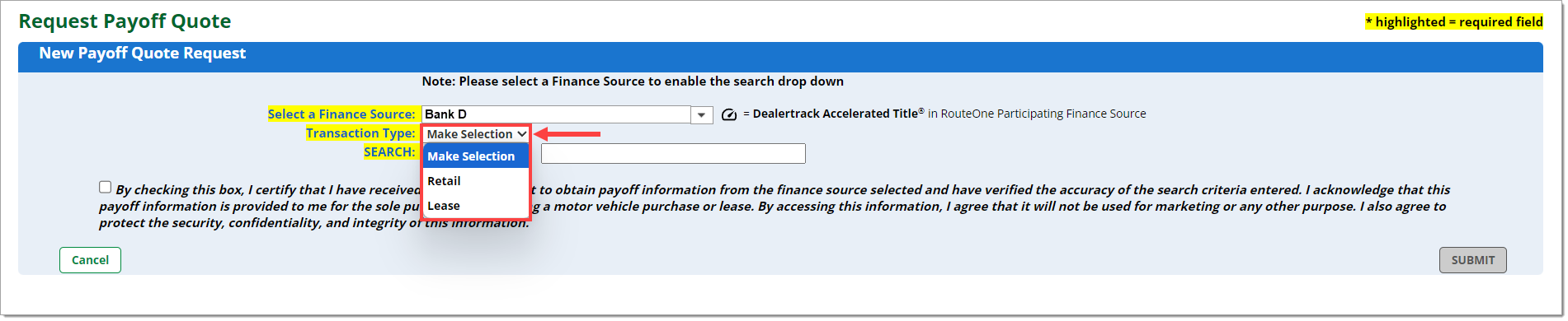 The Request Payoff Quote page with the ‘Transaction Type’ drop-down menu expanded and highlighted by a box with an arrow pointing to it.