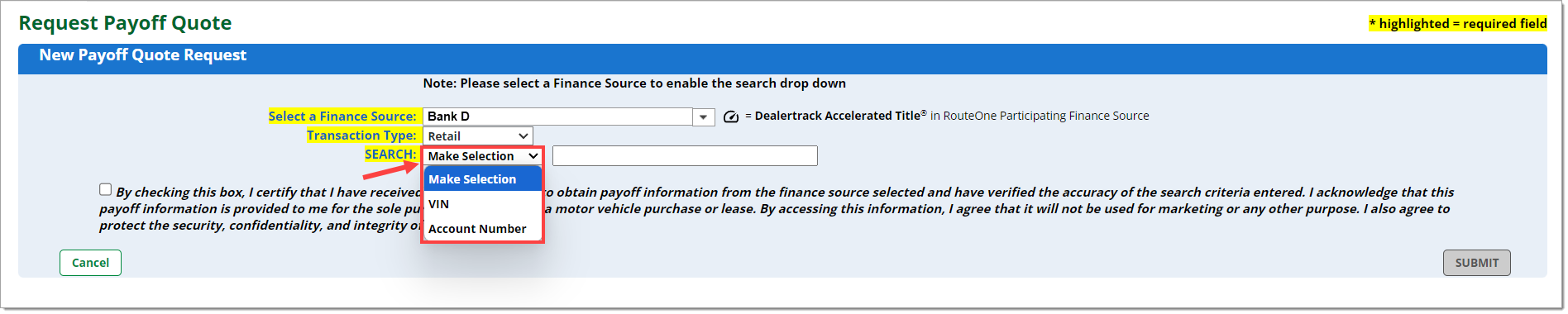 The Request Payoff Quote page with the ‘SEARCH’ drop-down menu expanded and highlighted by a box with an arrow pointing to it.