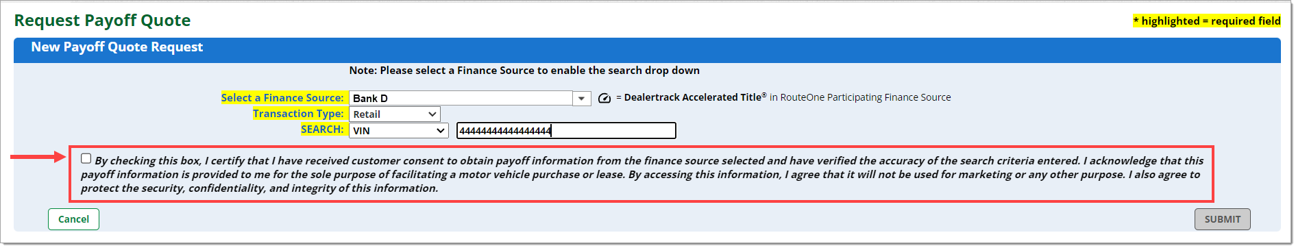 The Request Payoff Quote page with the acknowledgement statement highlighted by a box and an arrow pointing to the corresponding checkbox.