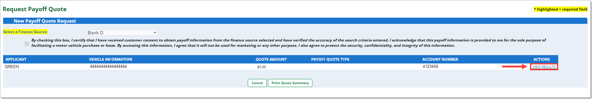 The Request Payoff Quote page with the ‘VIEW RESULTS’ button under the ‘Actions’ column highlighted by a box with an arrow pointing to it.