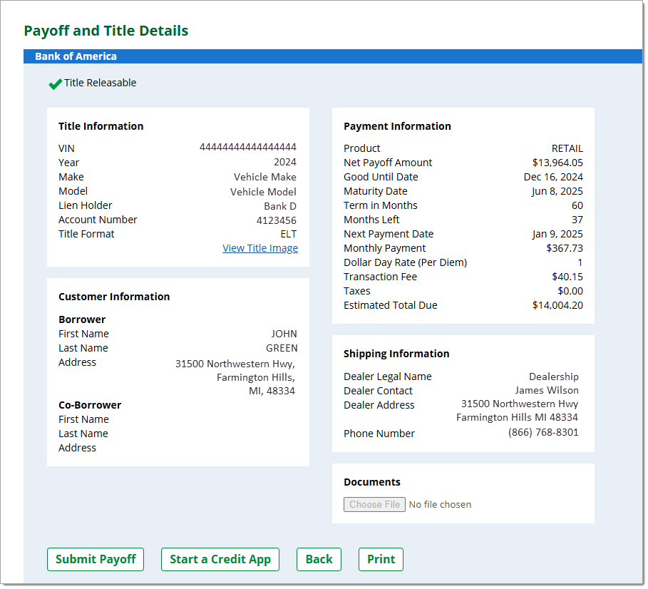 The Payoff and Title Details page.
