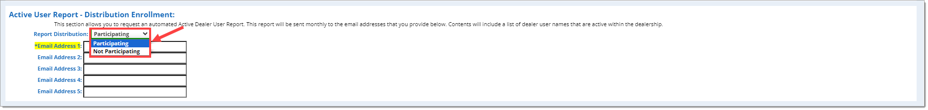 The ‘Active User Report – Distribution Enrollment’ section with the ‘Report Distribution’ drop-down menu expanded and highlighted by a box, with the ‘Participating’ option highlighted and an arrow pointing to it.