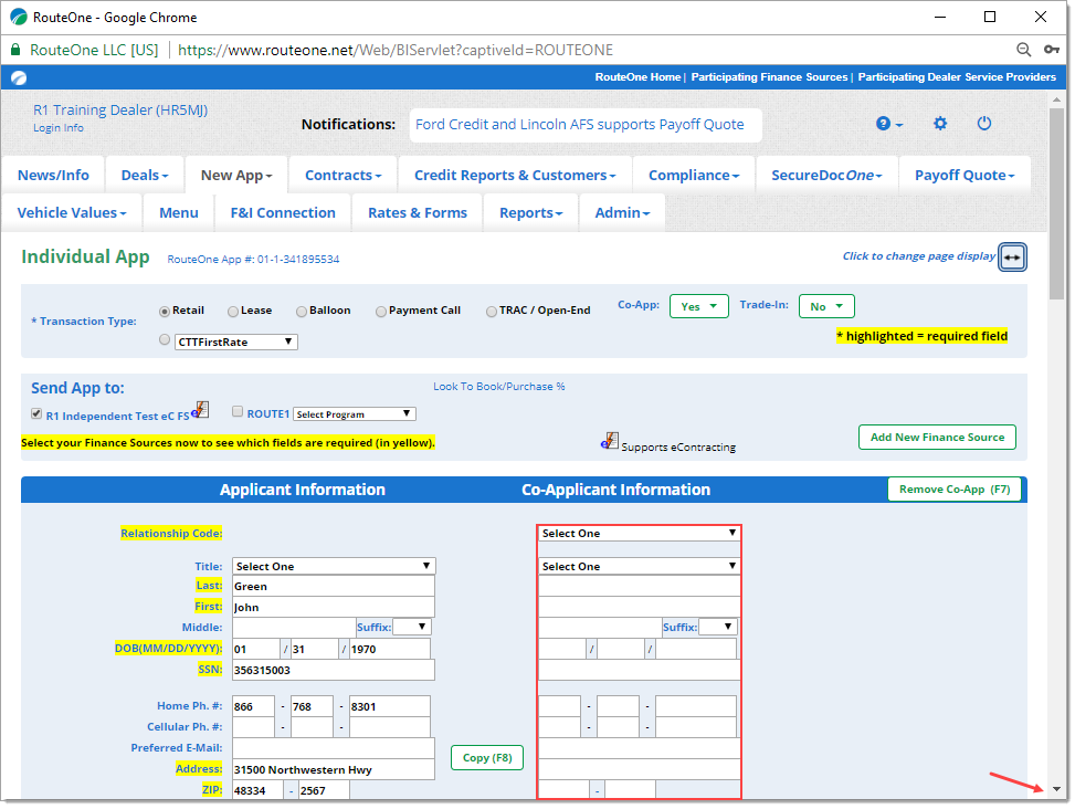 The Individual App page with a box highlighting the Co-Applicant Information fields and an arrow pointing to the scroll down button of the browser.