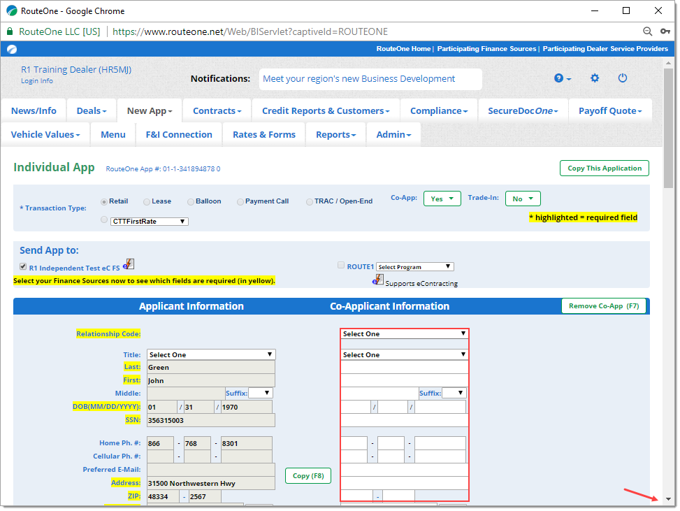 The Individual App page with a box highlighting the Co-Applicant Information fields and an arrow pointing to the scroll down button of the browser.