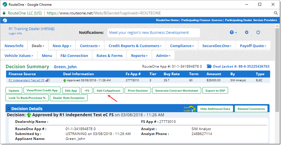 The Decision Summary page with an arrow pointing to the ‘Add CoApplicant’ button.