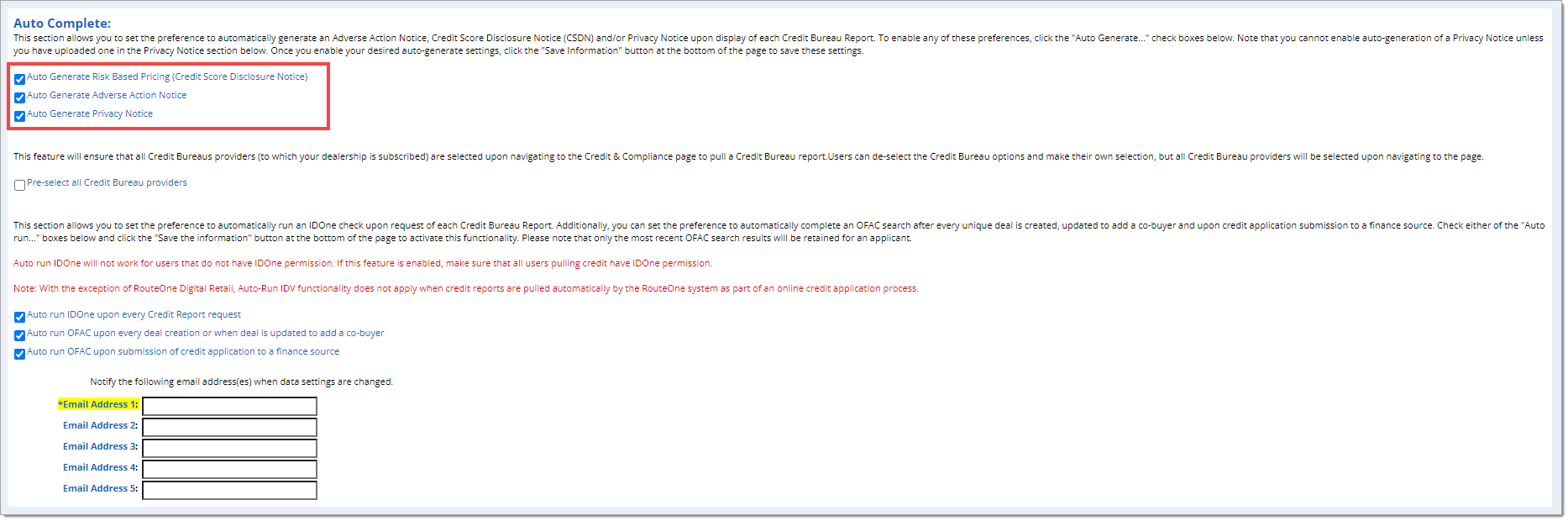 The Auto Complete section with a box highlighting the ‘Auto Generate Risk Based Pricing (Credit Score Disclosure Notice),’ ‘Auto Generate Adverse Action Notice,’ and ‘Auto Generate Privacy Notice’ checkboxes.