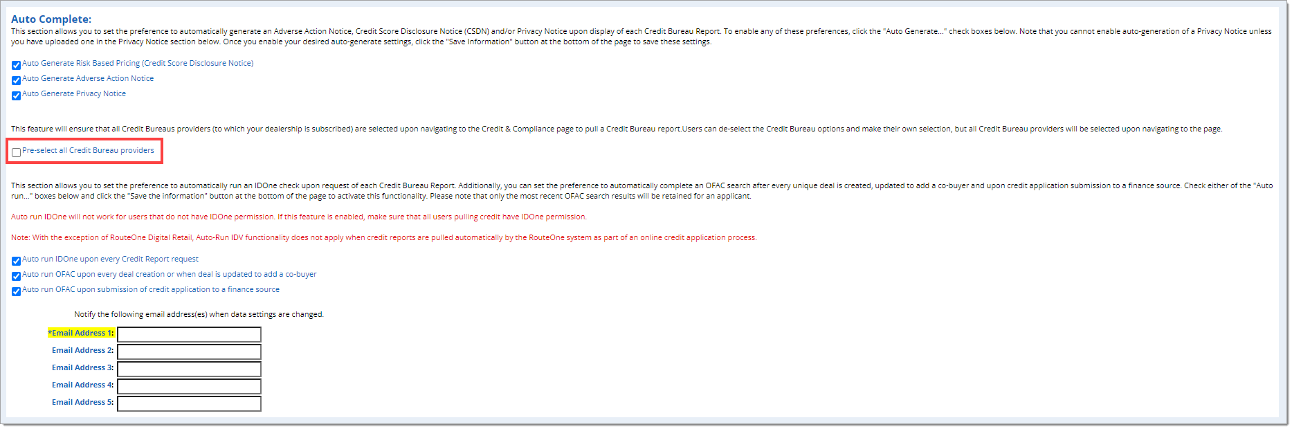 The Auto Complete section with the ‘Pre-select all Credit Bureau providers’ checkbox highlighted by a box.