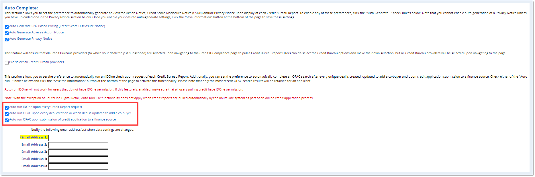 The Auto Complete Section with a box highlighting the ‘Auto run IDOne upon every Credit Report request,’ ‘Auto run OFAC upon every deal creation or when deal is updated to add a co-buyer,’ and ‘Auto run OFAC upon submission of credit application to a finance source’ checkboxes.