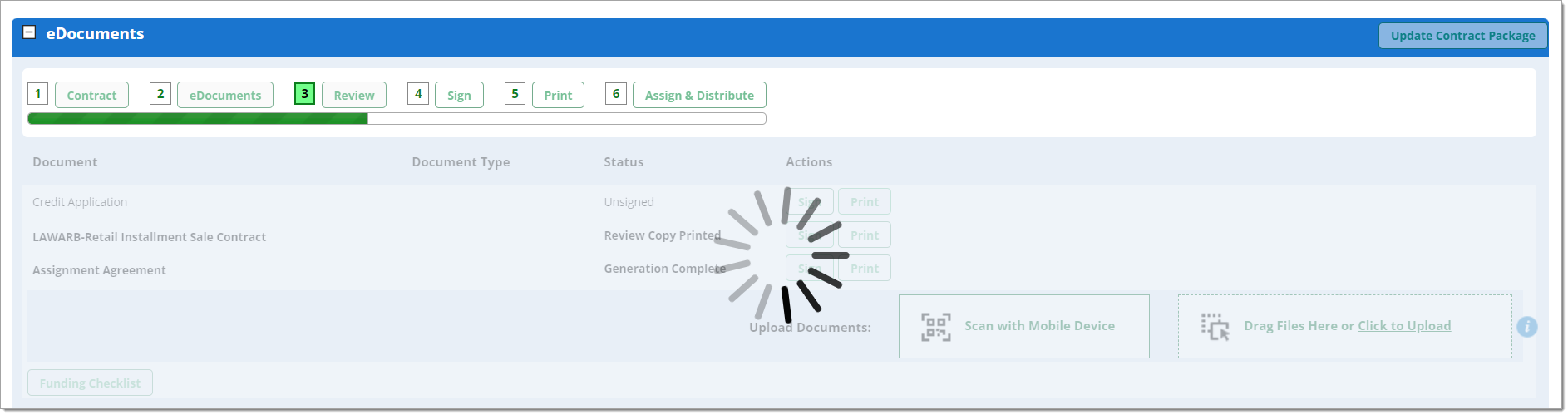 The eDocuments section of the contract package with a large spinner superimposed over it.