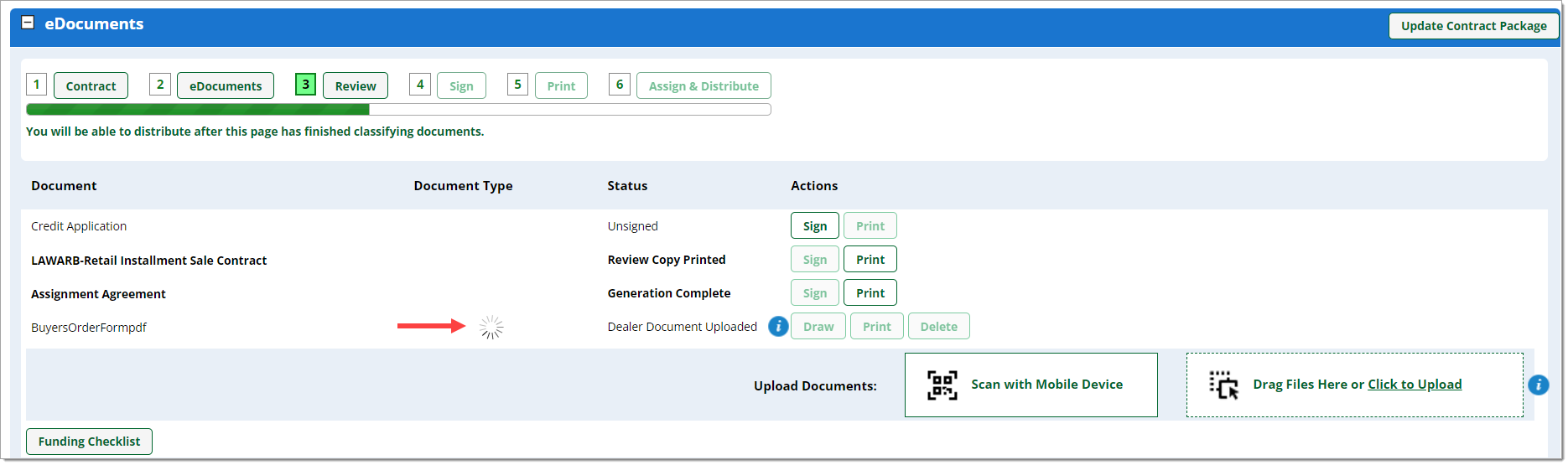 The eDocuments section of the contract package with an arrow pointing to a small spinner under the Document Type column.