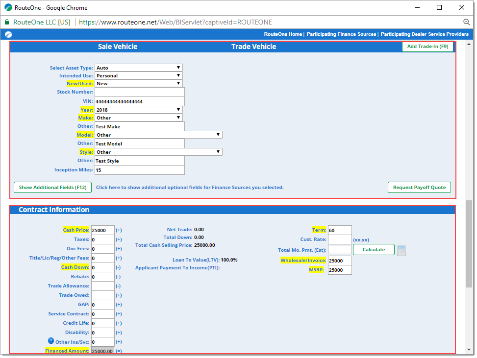 The Sale Vehicle and Contract Information sections of the Individual Application, each highlighted by a box.