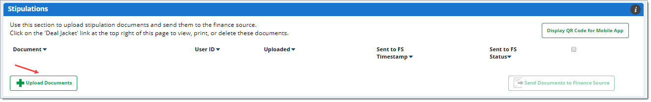 The Stipulations section, with an arrow pointing to the ‘Upload Documents’ button.