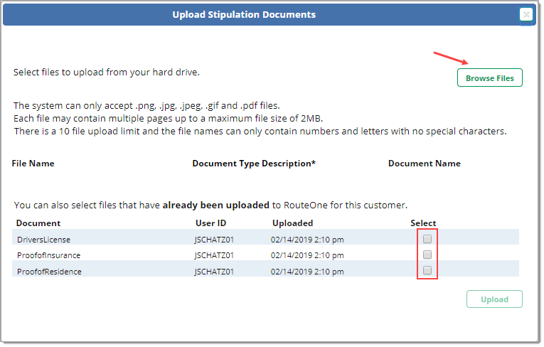 The ‘Upload Stipulation Documents’ pop-up, with an arrow pointing to the ‘Browse Files’ button and a box highlighting the checkboxes in the ‘Select’ column.