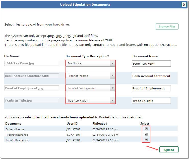 The Update Stipulation Documents pop-up with a box highlighting the ‘Document Type Description’ drop-down menus, a box highlighting the checked checkboxes in the ‘Select’ column, and an arrow pointing to the ‘Upload’ button.