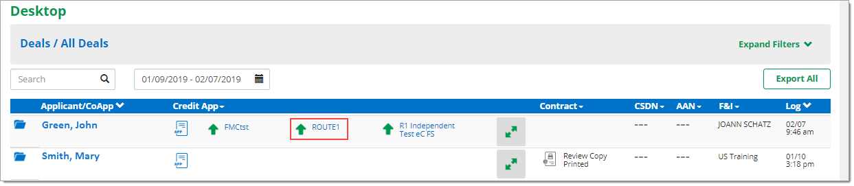 The Desktop page with a box highlighting a decision status on the example deal. 