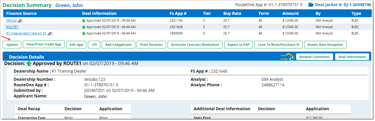 The Decision Summary page with an arrow pointing to the ‘Update’ button.