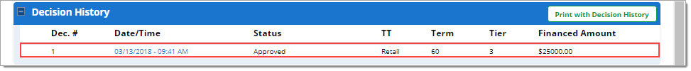 The Decision History section with a box highlighting the Decision #1 row.