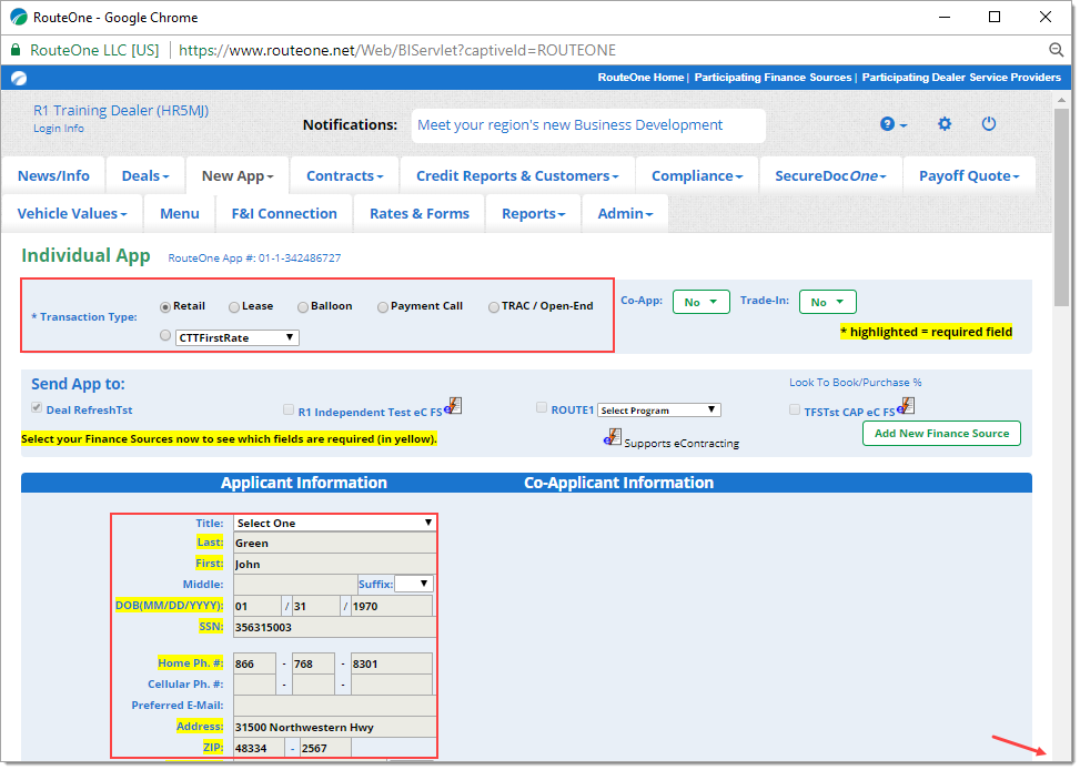 The Individual App page with a box highlighting the Transaction Type options, a box highlighting the Application Information fields, and an arrow pointing to the bottom of the browser’s scroll bar.