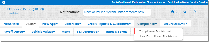 The top menu of the RouteOne system with the ‘Compliance’ tab expanded and a box highlighting the ‘Compliance Dashboard’ option.