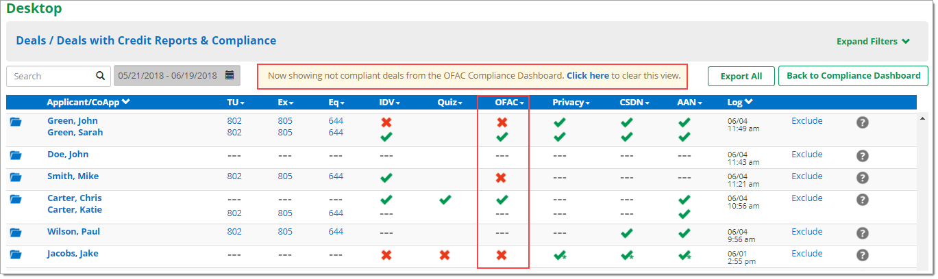 The Desktop page with a box highlighting the ‘OFAC’ column.